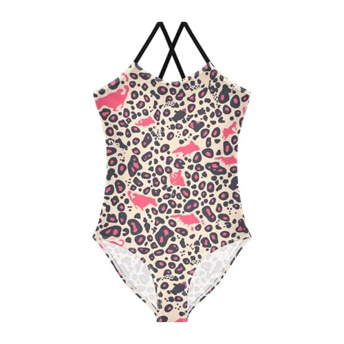 KLL Leopard Pattern Pink Black Girls' 1 Piece Bathing Suit Beach Swimming Suits Adjustable Strap Cute