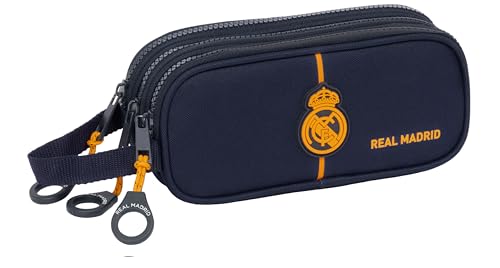 Real Madrid 2 Equipación 24 25 - Estuche Triple Cremallera, Estuche Infantil, Estuche Niño, Ideal Para Niños De 5 A 14 Años, Cómodo Y Versátil, Calidad Y Resistencia, 21x7x8.5 Cm, Color Azul Marino