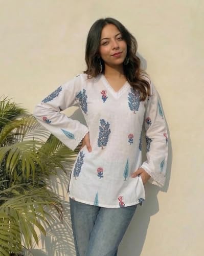 Image of ANNI Designer Women's Viscose Blend Printed Short Kurti | Ethnic Printed Tunic Top | V Neck Lace Detail | Full Sleeve Hip Length Kurta Top for Women