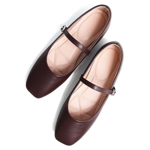 Image of TN TANGNEST Leather Flats for Women Retro Mary Jane Flats | Comfortable Square Toe Slip On Flats with Buckle Strap, Soft Work Flats Office Shoes