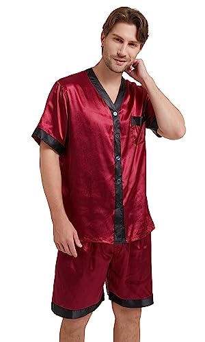 Men's Satin Silk Pajamas Set Short Sleeve Tops with Shorts V Neck Button Down Sleepwear 2 Pieces Loungewear3