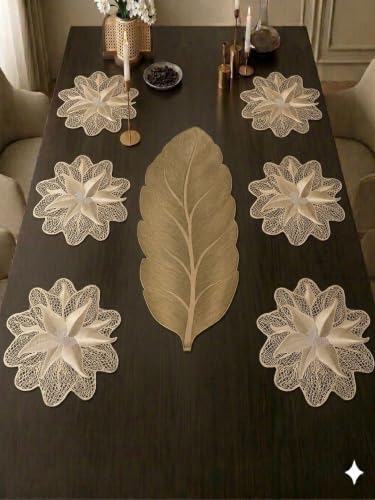 Image of Dakshya Industries PVC Waterproof Round Table Placemat & Table Runner Combo Set | 6 Round Table Mats (38 x 38 cm) + 1 Table Runner | Heat Resistant, Washable, Non Slip Dining Table Decor (Solvique)