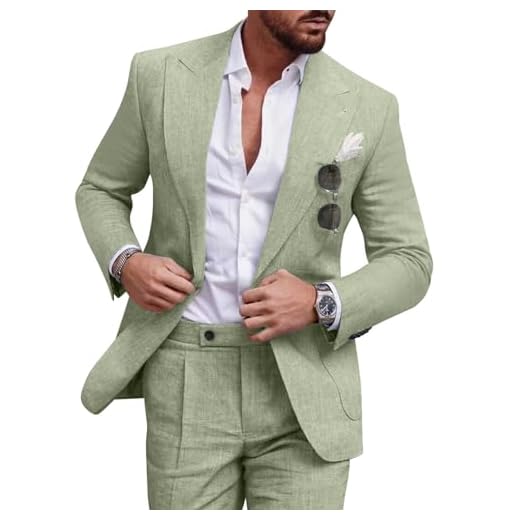 Diaryan Suit for Men Linen Green Classic Fit Blazer 2 Piece One Button Solid Jacket and Pants for Prom Wedding Business L