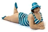 35x16x12cm mollige Dame am Strand liegend 32cm Badenixe blau - weiss mit Hut