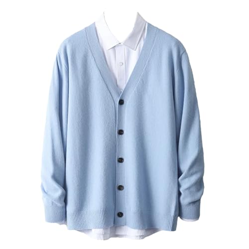 Men's Merino Wool Cardigan Sweater V-Neck Knitted Sweater Cardigan Casual Loose Long Sleeves Tops Light Blue