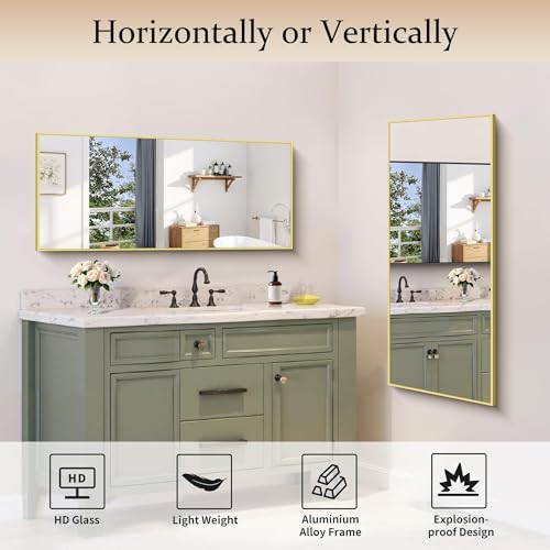 Image of COFENY Gold Bathroom Mirror for Wall, 20x48 Inch Rectangle Mirror with Metal Frame, Modern Vanity Mirrors for Bathroom Living Room, Entryway Hangs Horizontal or Vertical