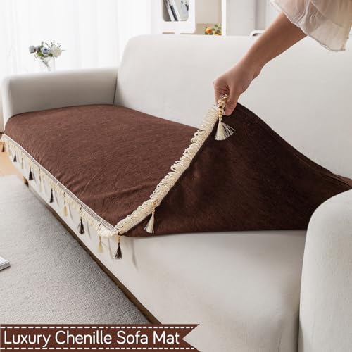 Image of HOKIPO 'Serenity Tassel' Chenille Sofa Cover 5 Seater Set with Tassels - Washable 3+1+1 Sofa Cover Mat | Chestnut Luke (IN-890 * 2 + IN-892 - BR)
