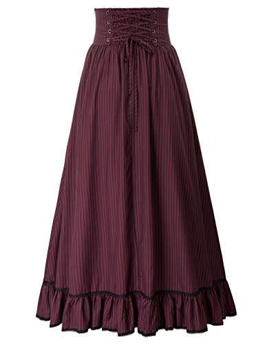 Women Victorian Skirt Vintage Striped Skirt Button Front Skirt Wine M #TOP1