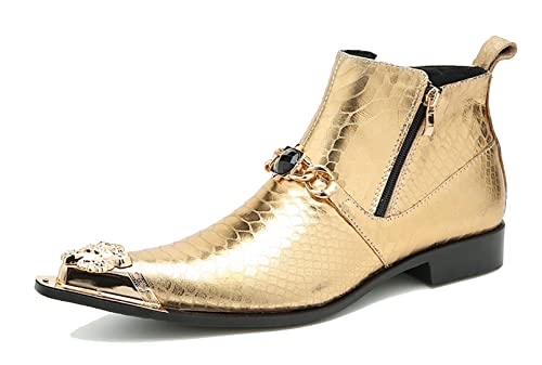 Santimon Mens Chelsea Boots Casual Dress Ankle Boots Genuine Leather Metal Pointed-Toe Double Zipper Gold Chain Western Boots Fashion Prom Wedding Tuxedo Party Singer Cowboy Boots for Men