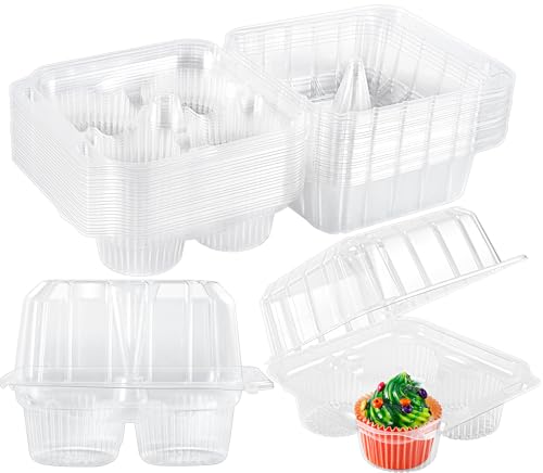 Vyndicca 20 Pack Plastic Cupcake Containers, 4 Compartment Cupcake Carrier, Clear Cupcakes Boxes Holders with Lids, 4 Cavity Stackable Disposable Cupcakes Carriers for Muffins Storage