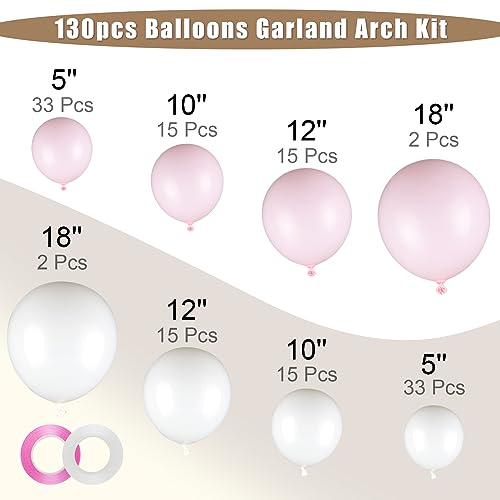 Image of 130Pcs 18 /12 /10 /5 Inch Pastel Pink and White Balloon Garland Arch Kit | Different Sizes White and Pink Latex Balloons for Baby Shower, Princess Birthday, Wedding Arch Decor