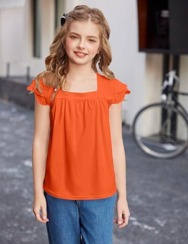 Image of Arshiner Girls Shirts Short Sleeve Square Neck Summer Lace Openwork Pleated Tops Blouse Tunic