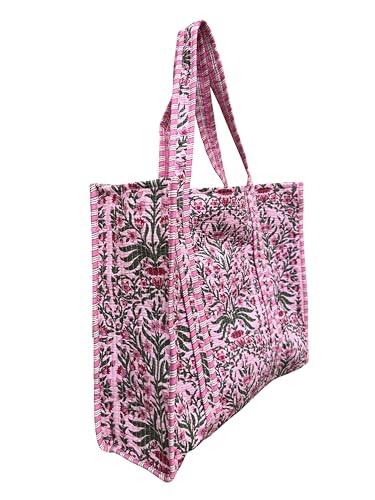 Image of Quilted Cotton Hand printed Reversible Large multicolor cotton Tote Bag,Indian Handmade Block Printed Tote Bag Women Handbag