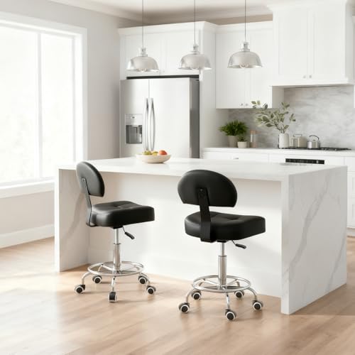 Rollhocker mit Lehne - Hocker mit Rollen und breitem, rechteckigem Sitzkissen | Rollhocker höhenverstellbar 51-64cm | Drehhocker mit Rollen mit gleichmäßigem Lauf | Ideal für Salon, Kosmetik (Tinte)