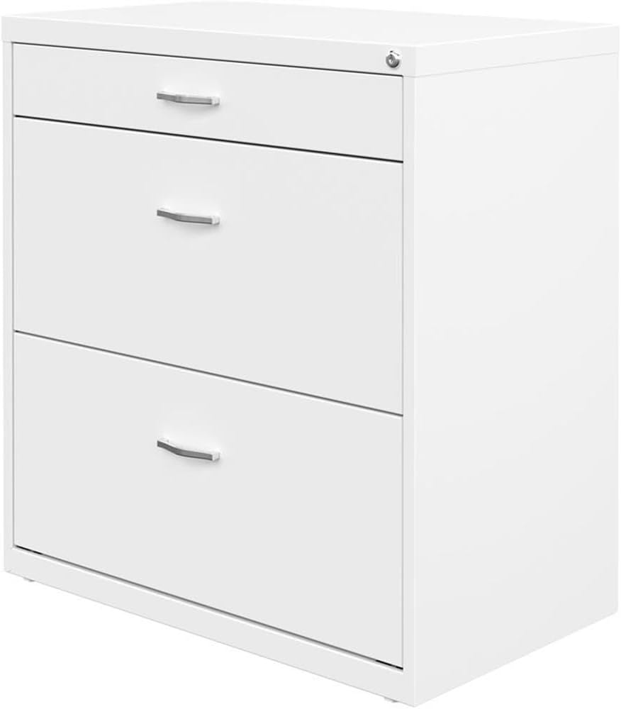 Pemberly Row Metal 3-Drawer Filing Cabinet, 30" W, White Finish, Locking Design, Ball-Bearing Suspension, Adjustable Leveling, Home Office Storage for Letter Files and Essentials