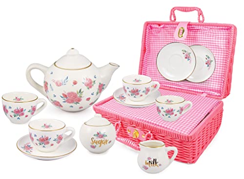 Jewelkeeper - Porzellan Teeservice für kleine Mädchen mit rosa Picknick-Korb, Kindergeschirr Spielküche, 13-teilig… – Bild 6