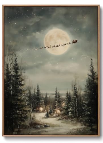 Image of Christmas Wall Art, Santa Claus Canvas Art, Rustic Holiday Home Decor | Winter wonderland scene, snowy forest pictures, holiday paintings, cozy cabin artwork