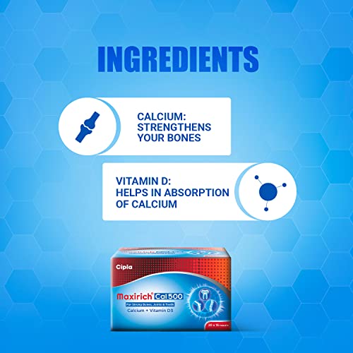 Image of Cipla Maxirich Cal 500 (45 Tablets) | Calcium 500mg & Vitamin D3 | For Strong Bones, Joints & Teeth (15 x 3 Strips)