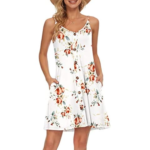 AUSELILY Damen Kleider Sommer Spaghettiträger Knielang Strandkleider Kurz V Ausschnitt Kleid Leicht Mit Taschen Sommerkleid Für Frauen(Rose White,Large) Cover