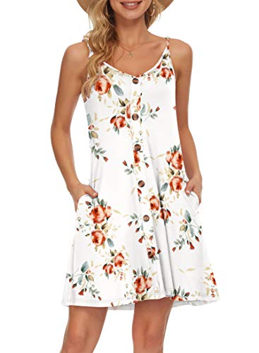 AUSELILY Vestido de Playa Informal con Cuello en V y Correa de Espagueti de Verano para Mujer con Bolsillos