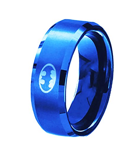 FeixingJewelry USA 8MM Polished Blue Batman Symbol Ring Titanium Stainless Steel Men Ring Band (12)