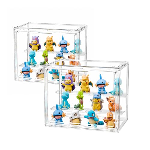 Display Case for Figurines Aryclic Clear Box for Collectibles Adjustable Layers for Figures Stackable Makeup Storage Box (Clear 2 Pack, Small)