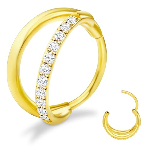 SmileBelle 14K Gold Double Hoop Nose Ring Hinged Titanium Nose Rings for Women 20G, 316L Surgical Steel Clicker Septum Ring, Cartilage Huggie Earring for Upper Lobe Helix Piercing Jewelry (8mm-20g)