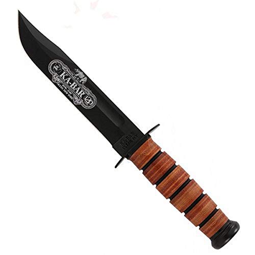 Crazy Clearance KA-BAR 9192, Commemorative Fighting Knife, 120th Anniversary USN 7" Plain Blade, Leather Handles & Sheath , BLACK