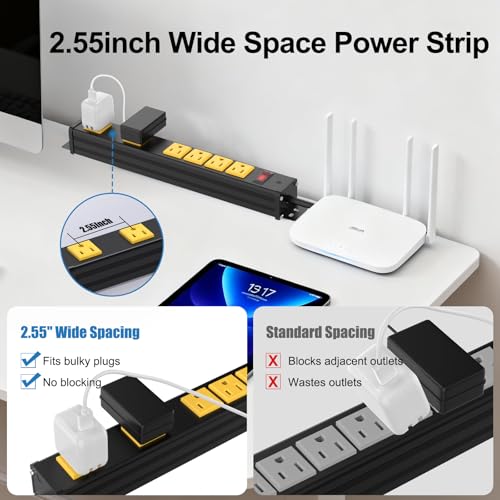 Image of 6 Outlet Wall Mount Metal Power Strip, 2 Extra-Wide (2.55IN) and 4 Standard Spaced Outlets, Flat Plug Extension Cord 6FT 14AWG with Switch, 15A 1875W ETL Listed for Garage, Workshop, Home