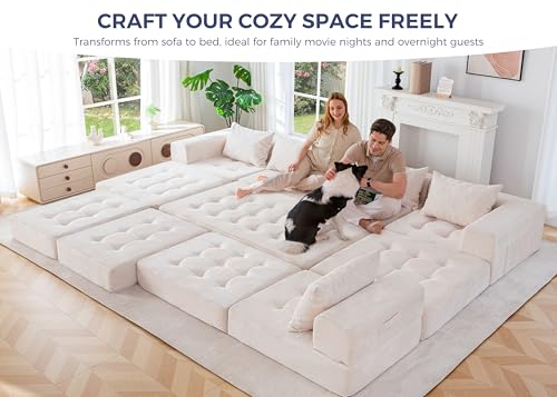 Image of MAXYOYO Modular Sectional Sofa Couch, Foldable U Shaped Cloud Couch with Pillows, Tufted 7-Seat Boneless Lounger Floor Sofa Bed for Living Room, No Assembly Required, Beige