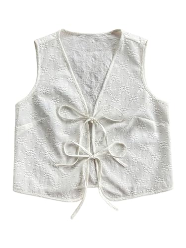 OYOANGLE Women's Textured Bow Tie Front Vest Sleeveless Cute Tops V Neck Summer Tank Tops