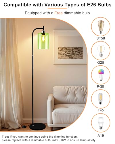 Image of Lightdot 64IN Glass Floor Lamp for Living Room, Modern Standing Lamps with Green Ribbed Glass Lampshade& Bulb Included, Industrial Floor Lamp for Bedroom /Sofa Beside /Corner Decor-Black