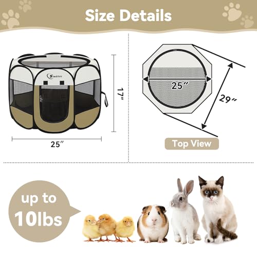 Image of Siedihit Dog Cat Playpen, Small Puppy Pet Playpen, Dog Crate Tent Cage Indoor /Outdoor, Portable Pop Up Dogs Kennel Playpen with Carrying Case for Dogs /Cats /Rabbits(Khaki, Small)