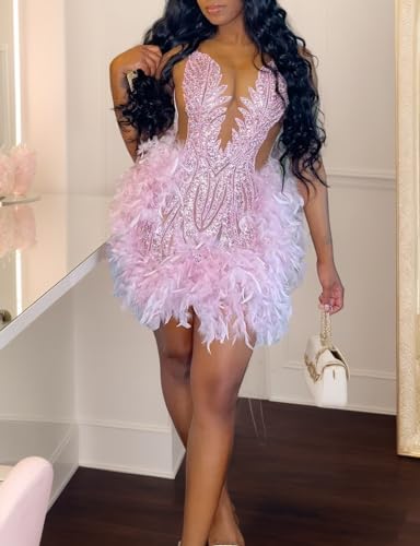 Crystals Lace Short Prom Dress 2024 Sheer Tulle Fitted Evening Gown with Feather2