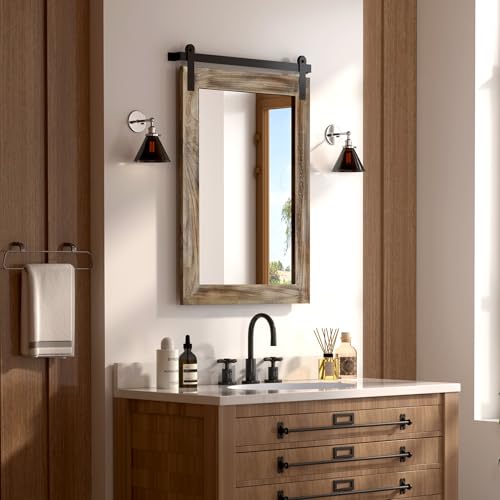 Image of COGOOD Farmhouse Barn Door Mirror - 22 x 30 Rustic Wood Framed Wall Mirror for Bathroom, Living Room, Entryway Wall Decor (Striped Brown)