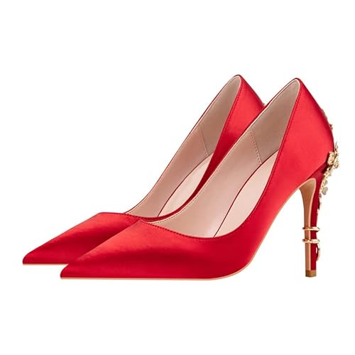 ChaiRong Zhou Women's Sexy High Heels Fashion Metal Flower Stiletto Heel Wedding Shoes Satin Pointed Toe Dress Evening Pumps Red US 9