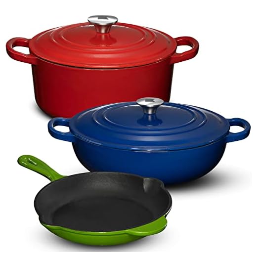 Enameled Cast Iron Cookware Set - 5 Pieces Solid Colored Braiser Dish, Fry Pan, & Dutch Oven Pot with Lids - Heavy Duty Non-Stick Kitchen Cookware Sets for Induction, Gas Stoves & All Cooktops