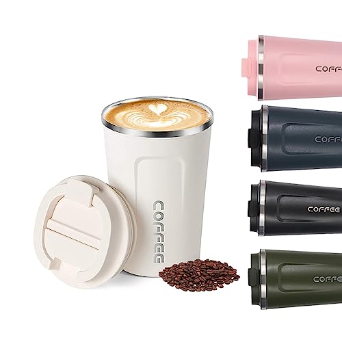 Senshuomy Travel Coffee Mug Spill-Proof,Insulated Coffee Mug to Go,Coffee Tumbler,Reusable Coffee Cups with a Sealed Lid,Thermos Cup to Keep Hot/Ice Coffee,Tea and Beer(White/13.3oz)