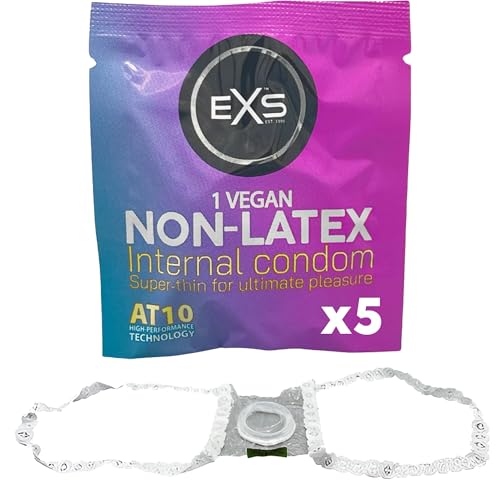 EXS Internal Female Condoms (5 Pack) Secure Fit with Lace Loops, Thin Non-Latex with Non-Spermicidal Lube, PETA-Approved Vegan Condom, 3 Year Life - CE Marked NHS Approved Condoms