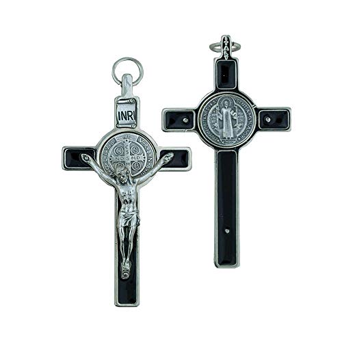 St. Benedict Crucifix With Round St. Benedict Medal Inlay | 3" Silver-Tone And Black Enamel Cross With Cord And Booklet | Patron Saint Of Students And Europe | Made In Italy #TOP3
