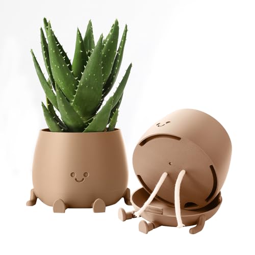 Image of TOPOLA Happy Face Planter, 5.2 Inches Plastic Plant Pot, Self Watering Plant Pot with Drainage Holes for Indoor Outdoor, Succulent Pot, Funny Flower Pot, Khaki