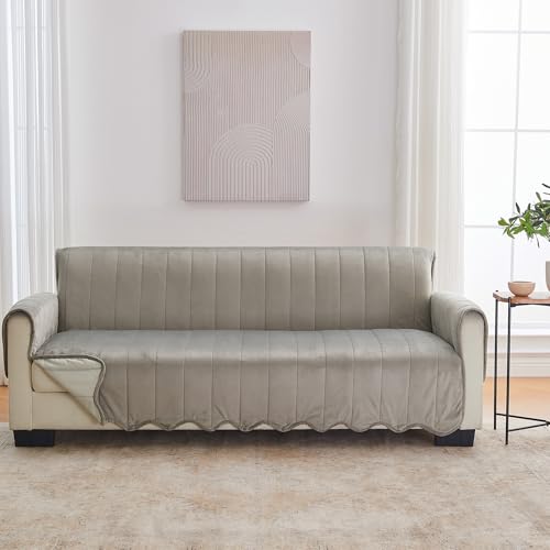 Image of Great Bay Home Velvet Sofa Cover - Washable Slipcover Furniture Protector with Elastic Straps - Furniture Cover for Dogs, Kids, and Pets - Stitched Detail (Wild Dove Grey)