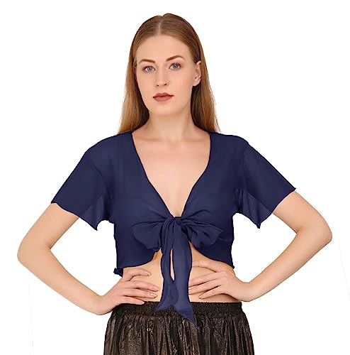 Image of Indian Trendy Women's Chiffon Short Sleeve Tie Top Choli Blouse Belly Dance Gypsy Tie Front Cardigan Tops