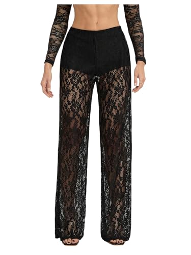 GORGLITTER Women's Lace Pants Sheer Mesh Wide Leg Pants See Through High Waist Going Out Grunge Trousers