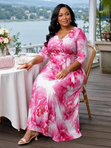 Image of SUZONANA Plus Size Dresses for Women Floral Print Maxi Dress Flowy 3 /4 Sleeve with Belt