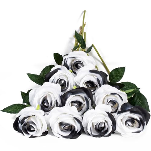 DuHouse 10pcs Fake Roses Artificial Silk Flowers Faux Rose(Black White)