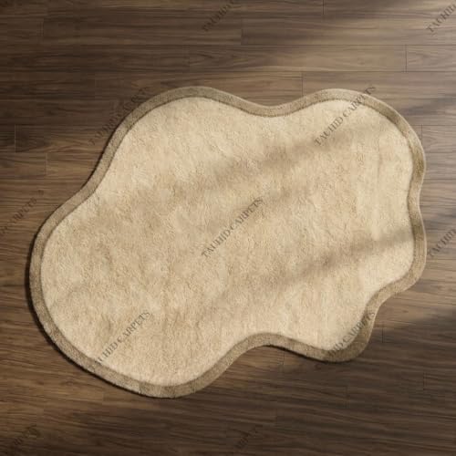 Image of Tauhid Carpet Modern Irregular Shape Shaggy Rug | Super Soft Microfiber Area Carpet for Living Room, Bedroom Designer Cloud Shape Ivory with Beige Border 6 x 8 Feet.