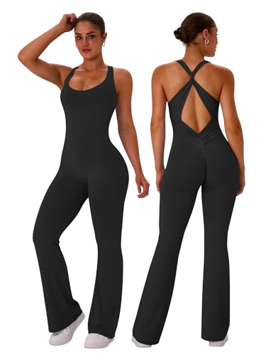 TDIFFUN Flare Workout Jumpsuits for Women One Piece Sleeveless Scrunch Butt Lifting Gym Bodysuit Sexy Backless Yoga Outfits - Black, Large