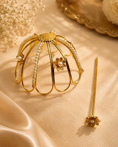 Image of Brass Hair Bun Cage with Stick for Women | Handcrafted Anti-Tarnish Juda Cover | Golden Surya Design Hair Bun Accessory for Wedding, Bridal, Festival, Bharatanatyam & Ethnic Wear