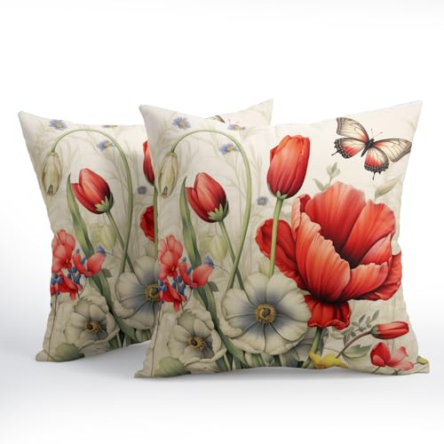 Spring-Summer-Flower-Pillow-Covers-18×18-Inch-Set-of-2-Red-Floral-Butterfly-Summer-Outdoor-Throw-Pillows-Spring-Farmhouse-Pillowcases-Cotton-Linen-Cushion-Covers-for-Couch-Bed-Sofa-Chair-Home-Decor Spring Summer Flower Pillow Covers 18×18 Inch Set of 2 Red Floral Butterfly Summer Outdoor Throw Pillows Spring Farmhouse Pillowcases Cotton Linen Cushion Covers for Couch Bed Sofa Chair Home Decor